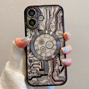 Iphone 16 Pro Black Circuit Clock Pattern Magnetic MagSafe Lens Protect
